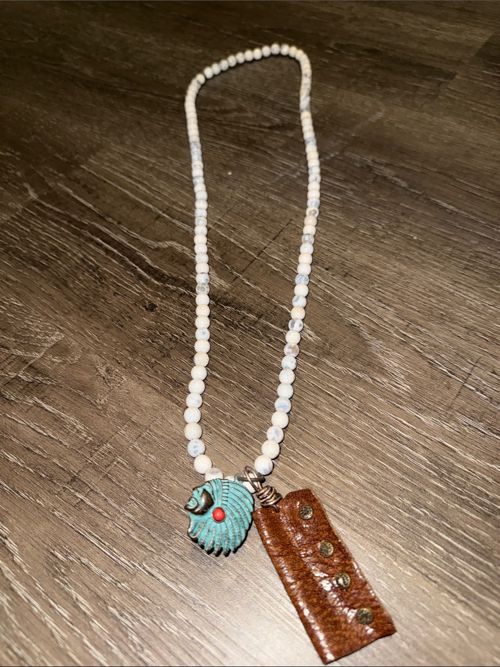 Handmade White Beaded Necklace with Turquoise Pendant and Brown Leather Accent